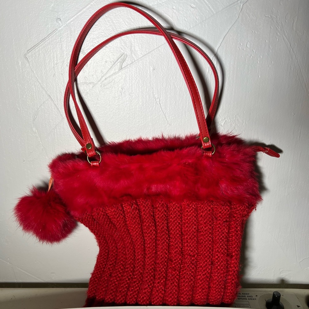 Murval Paris Red y2k Ribbed Sweater Faux Fur Pom Pom Shoulder Bag Purse